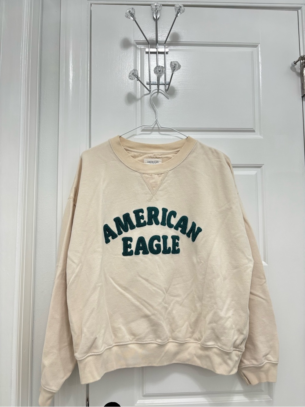American Eagle Outfitters Cream Crewneck Sweatshirt with Dark Green Logo